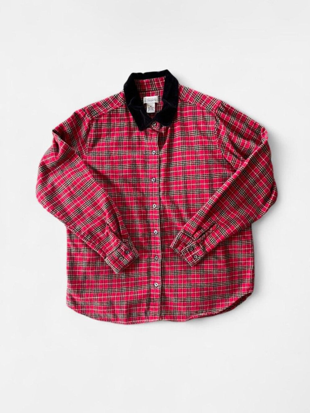 Vintage Red Plaid Flannel with Black Velvet Collar - no flaws - size medium